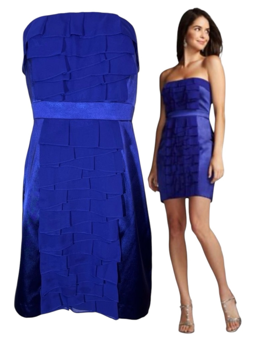NEW Adrianna Papell Hailey Strapless Mini Dress Formal Front Ruffle Blue Size 8